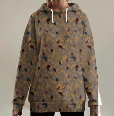 Кухонные предметы в хаотичном порядке с коричневым фоном, Hoodie Long Oversize 3D
