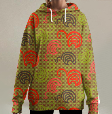 Геометрический узор полукругов в оливково красной гамме на фоне, Hoodie Long Oversize 3D