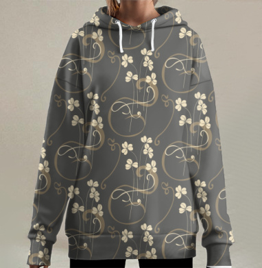 Цветы и клеверы на сером фоне создают элегантную лаконичность, Hoodie Long Oversize 3D