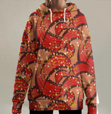 Красные лунные формы с жёлтыми звёздами в ночном стиле, Hoodie Long Oversize 3D