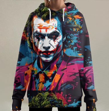 Антигерой яркий портрет лица с красной улыбкой, Hoodie Long Oversize 3D