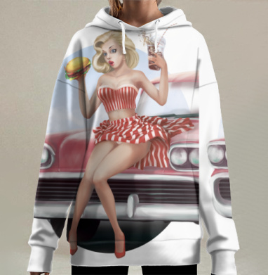 Ретро стиль: комплект красно-белой полоски для женщин, Hoodie Long Oversize 3D