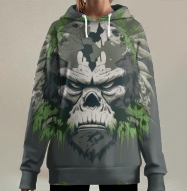Мистический Горилла Арт с Листьями, Hoodie Long Oversize 3D