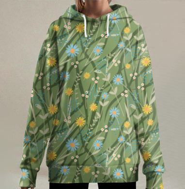 Бесшовный паттерн «Цветущий дикий луг», Hoodie Long Oversize 3D