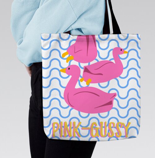 Яркий принт с розовыми утками Pink-Gussy, Сумка с ручкой и внутренним карманом на молнии