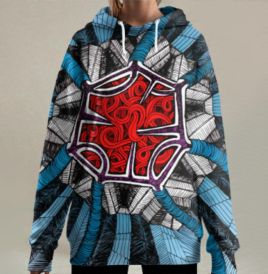 Абстрактный графический декор синий и красный, Hoodie Long Oversize 3D