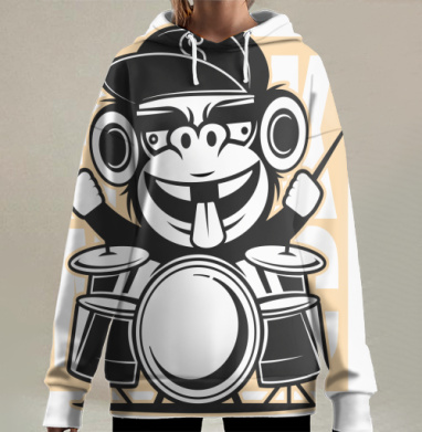 Веселая обезьяна с барабанами — стильный принт, Hoodie Long Oversize 3D