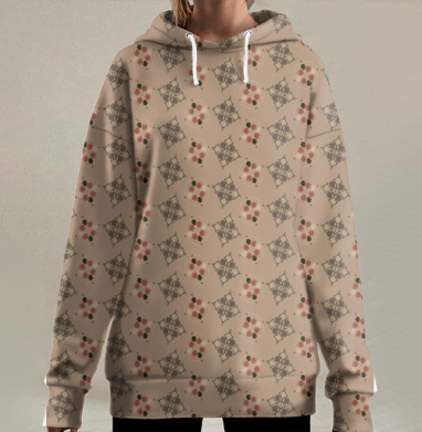 Ткань бежевый с бордовым и коричневым узором, Hoodie Long Oversize 3D