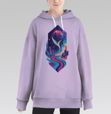 Футуристический синтвейв постер с дорогой в космос, Hoodie Long Oversize Fiolet