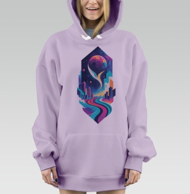 Футуристический синтвейв постер с дорогой в космос, Hoodie Mjhigh Dig Mel, Fiolet, утепленная