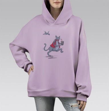 Веселая иллюстрация кота с молоком и птицей в погоне, Hoodie Mono Fiolet, оверсайз, утепленная