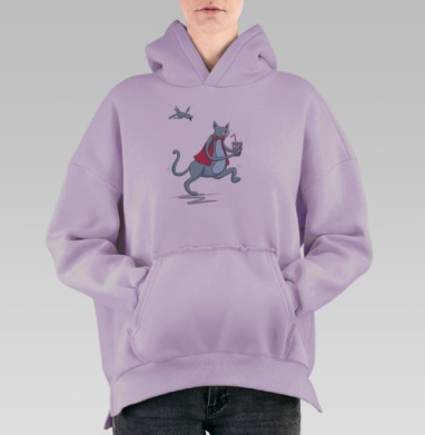 Веселая иллюстрация кота с молоком и птицей в погоне, Hoodie Oversize Fiolet, утепленная