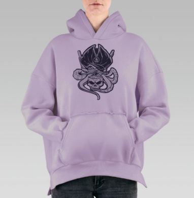 Белая татуировка сурового морского разбойника Череп пират осьминог, Hoodie Oversize Fiolet, утепленная