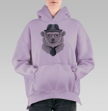 Стильный портрет белого медведя в шляпе и очках, Hoodie Oversize Fiolet, утепленная