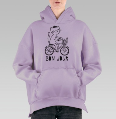 Кот-француз на велосипеде с багетом и береткой, Hoodie Oversize Fiolet, утепленная