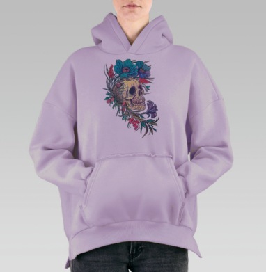 Циклы жизни: череп и яркие цветы, Hoodie Oversize Fiolet, утепленная