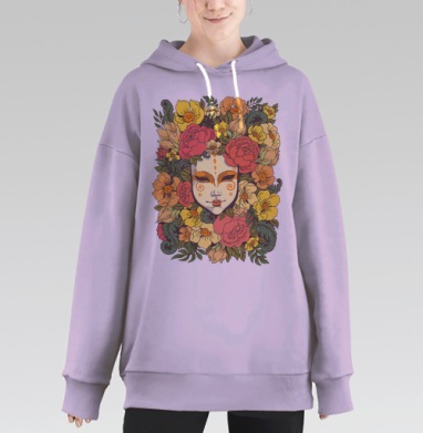 Цветочное лицо в венке из роз и желтых цветов, Hoodie Long Oversize Fiolet