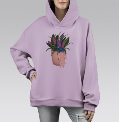 Цветы и кролик, Hoodie Mono Fiolet, оверсайз, утепленная
