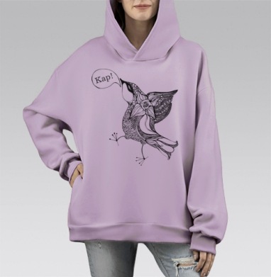 Декоративная черно белая птица в движении с орнаментами Кап Кап Кап, Hoodie Mono Fiolet, оверсайз, утепленная