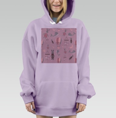 Детский паттерн с милыми зайчиками и воздушными шариками, Hoodie Mjhigh Dig Mel, Fiolet, утепленная