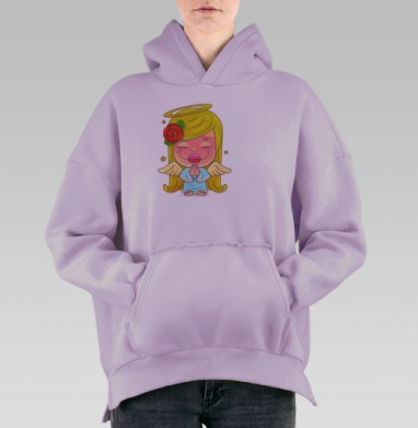 Милый мультяшный ангелочек с розой и крылышками, Hoodie Oversize Fiolet, утепленная