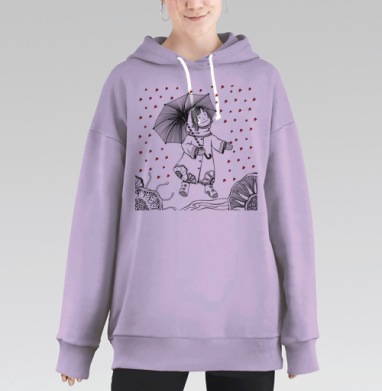 Детская игра с зонтом в дождь из сердец, Hoodie Long Oversize Fiolet