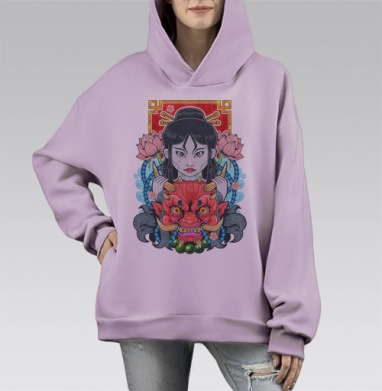 Японская маска Они и женская трансформация, Hoodie Mono Fiolet, оверсайз, утепленная