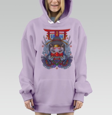 Мистический портрет девушки-ниндзя с маской Они, Hoodie Mjhigh Dig Mel, Fiolet, утепленная