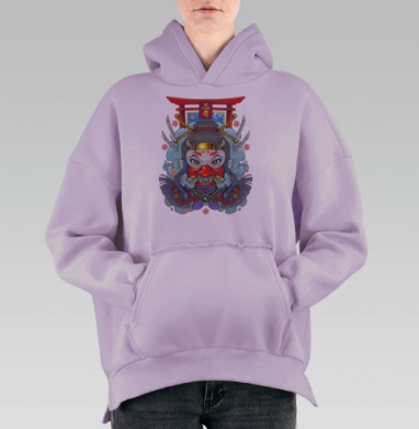Мистический портрет девушки-ниндзя с маской Они, Hoodie Oversize Fiolet, утепленная