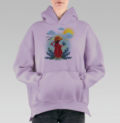 Девушка в шляпе с цветами в руке, Hoodie Oversize Fiolet, утепленная