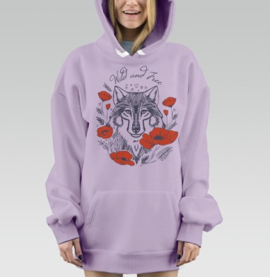 Изысканный арт с волком и красными маками, Hoodie Mjhigh Dig Mel, Fiolet, утепленная
