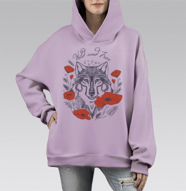 Изысканный арт с волком и красными маками, Hoodie Mono Fiolet, оверсайз, утепленная