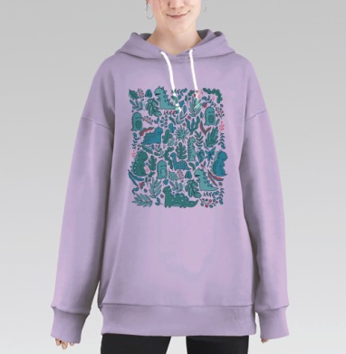 Милый бесшовный рисунок с динозаврами и листьями, Hoodie Long Oversize Fiolet