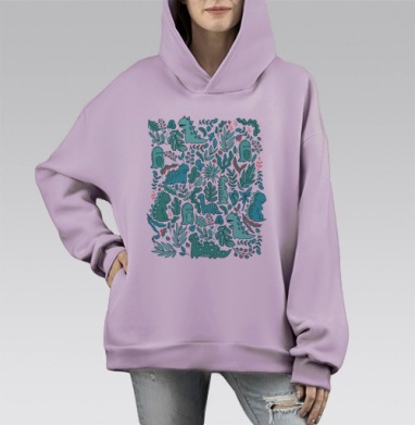 Милый бесшовный рисунок с динозаврами и листьями, Hoodie Mono Fiolet, оверсайз, утепленная