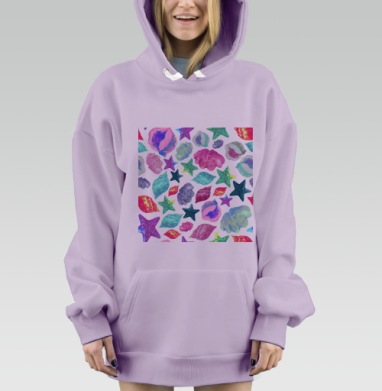 Паттерн с морскими ракушками и звездами в акварели, Hoodie Mjhigh Dig Mel, Fiolet, утепленная