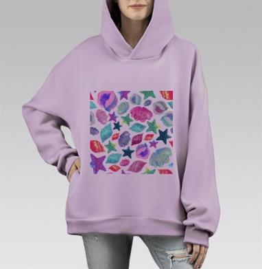 Паттерн с морскими ракушками и звездами в акварели, Hoodie Mono Fiolet, оверсайз, утепленная