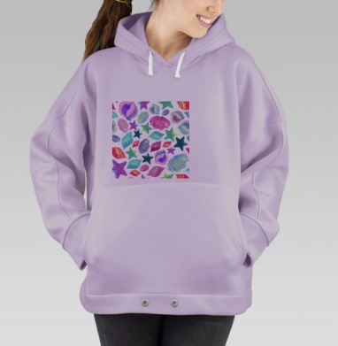 Паттерн с морскими ракушками и звездами в акварели, Hoodie Oversize Fiolet