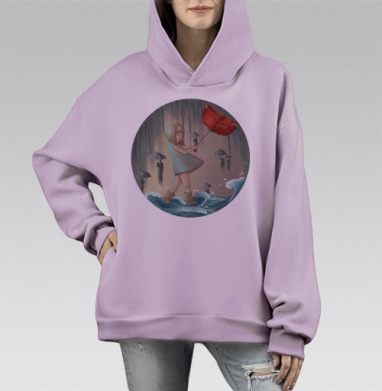Девушка в бурю с ярким красным зонтом и жёлтыми сапогами, Hoodie Mono Fiolet, оверсайз, утепленная
