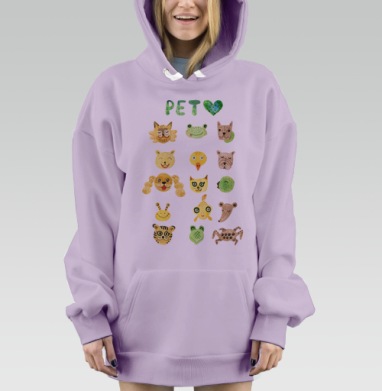 Веселые мордочки домашних питомцев с зеленым сердцем, Hoodie Mjhigh Dig Mel, Fiolet, утепленная