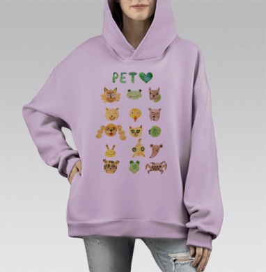 Веселые мордочки домашних питомцев с зеленым сердцем, Hoodie Mono Fiolet, оверсайз, утепленная