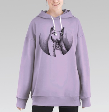 Дружба собаки и кота в карандашной иллюстрации, Hoodie Long Oversize Fiolet