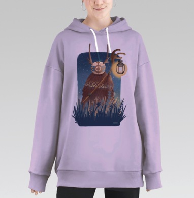 Мистический дух леса с фонарём и оленьими рогами, Hoodie Long Oversize Fiolet