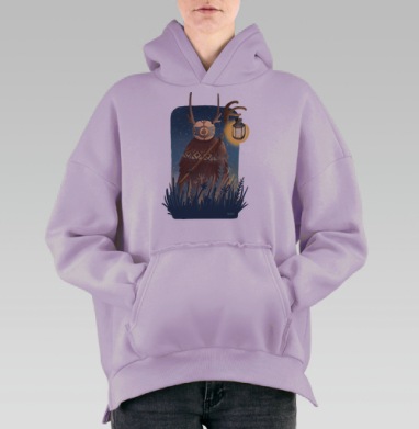 Мистический дух леса с фонарём и оленьими рогами, Hoodie Oversize Fiolet, утепленная