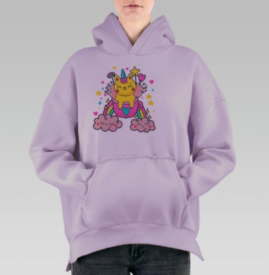 Милый кот-единорог в розовой кружке, Hoodie Oversize Fiolet, утепленная