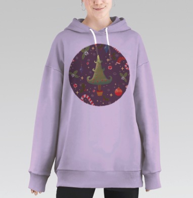 Праздничный рождественский паттерн с елкой и игрушками, Hoodie Long Oversize Fiolet