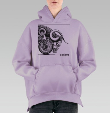 Мощь быка и мотоцикла — черно-белая иллюстрация, Hoodie Oversize Fiolet, утепленная