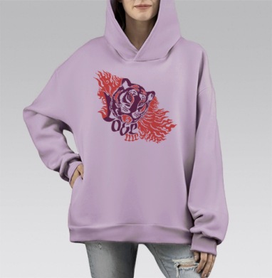 Голова тигра в огненном пламени Lose Me, Hoodie Mono Fiolet, оверсайз, утепленная