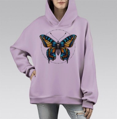 Яркая бабочка с элегантным узором и дот-ворком, Hoodie Mono Fiolet, оверсайз, утепленная