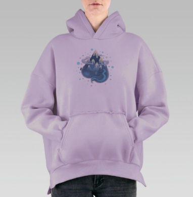 Волшебное синее существо с горной грядой, Hoodie Oversize Fiolet, утепленная