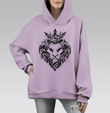 Стильный граффити-принт Лев в короне KING, Hoodie Mono Fiolet, оверсайз, утепленная